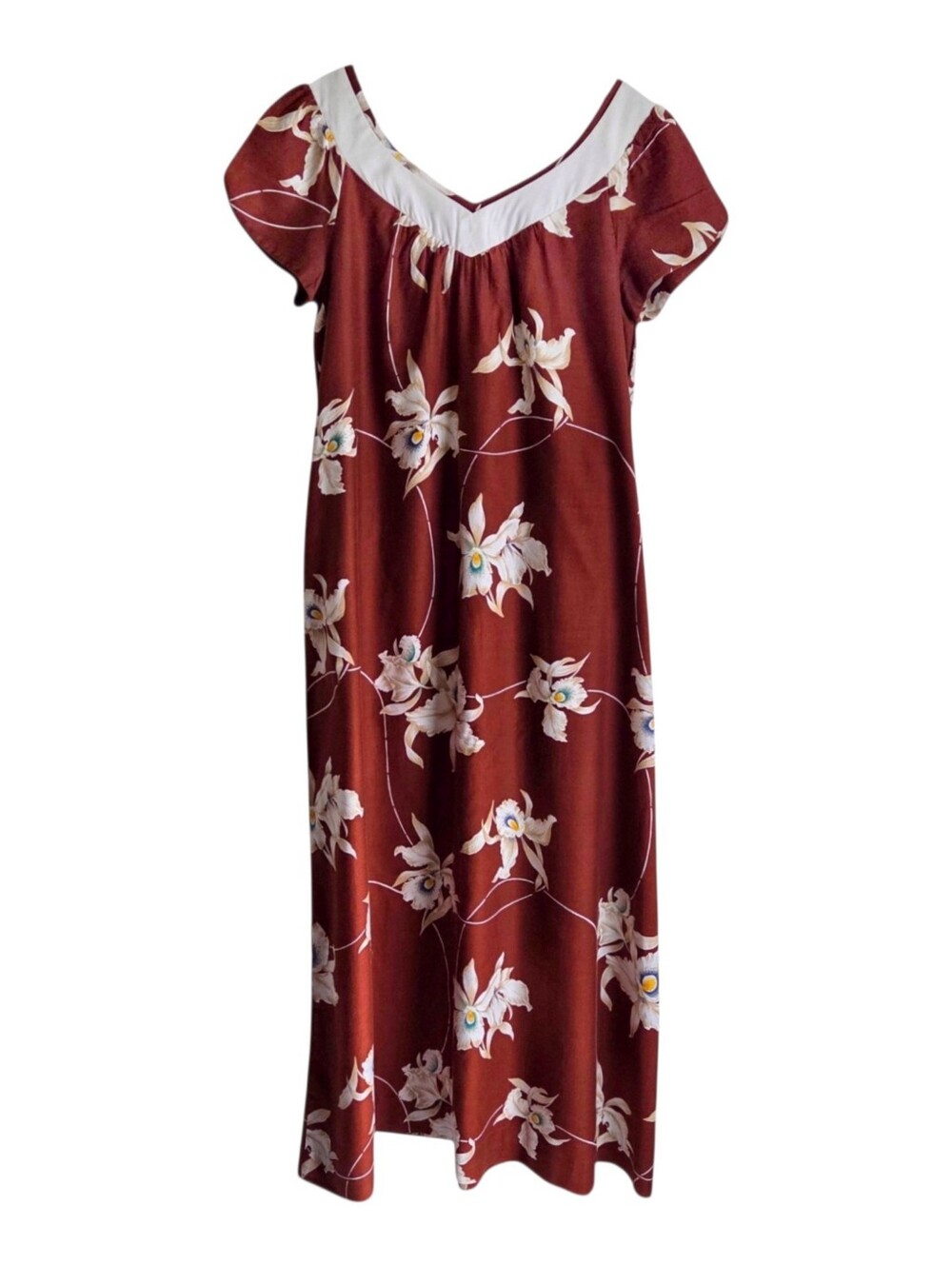 Vintage Hilo Hattie housedress women S/M Hawaiian Aloha floral midi cotton brown
